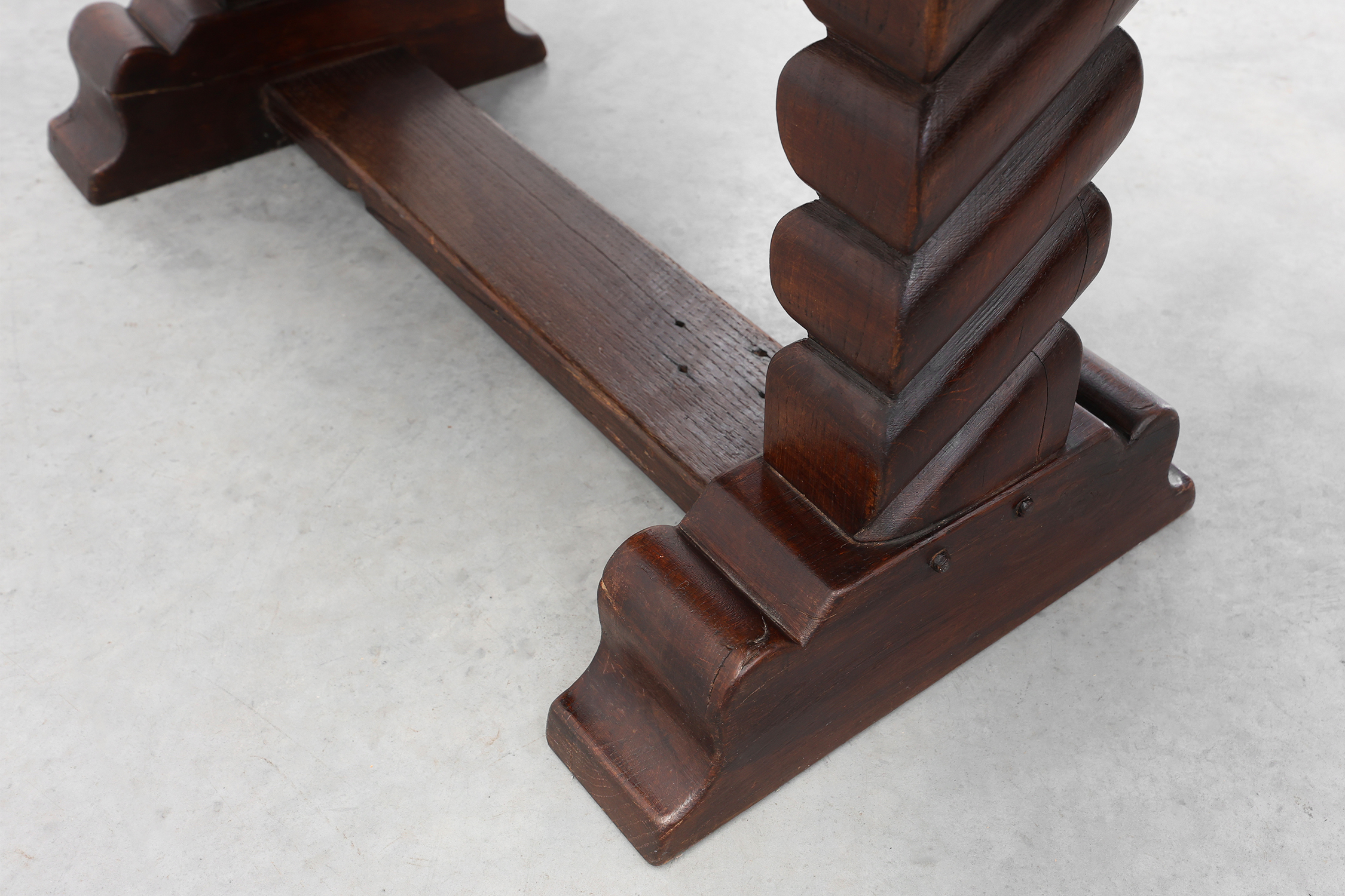 Dark Oak Coffee Table with Spiral‑Turned Trestle Legs, France, circa 1915thumbnail
